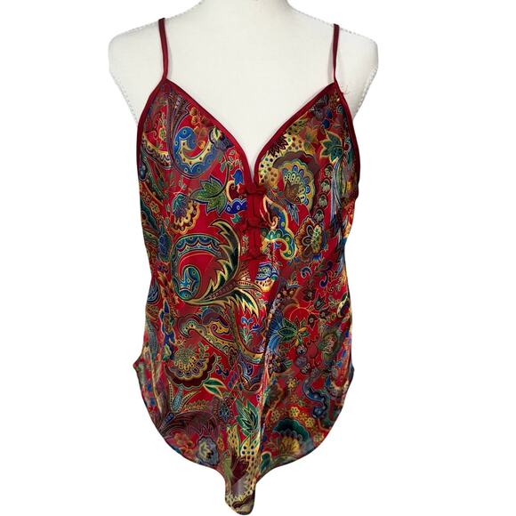 Vintage Tops - Vtg 90s Satin Paisley Cami Top Red Lingerie Coquette Boho Medium Festival Retro